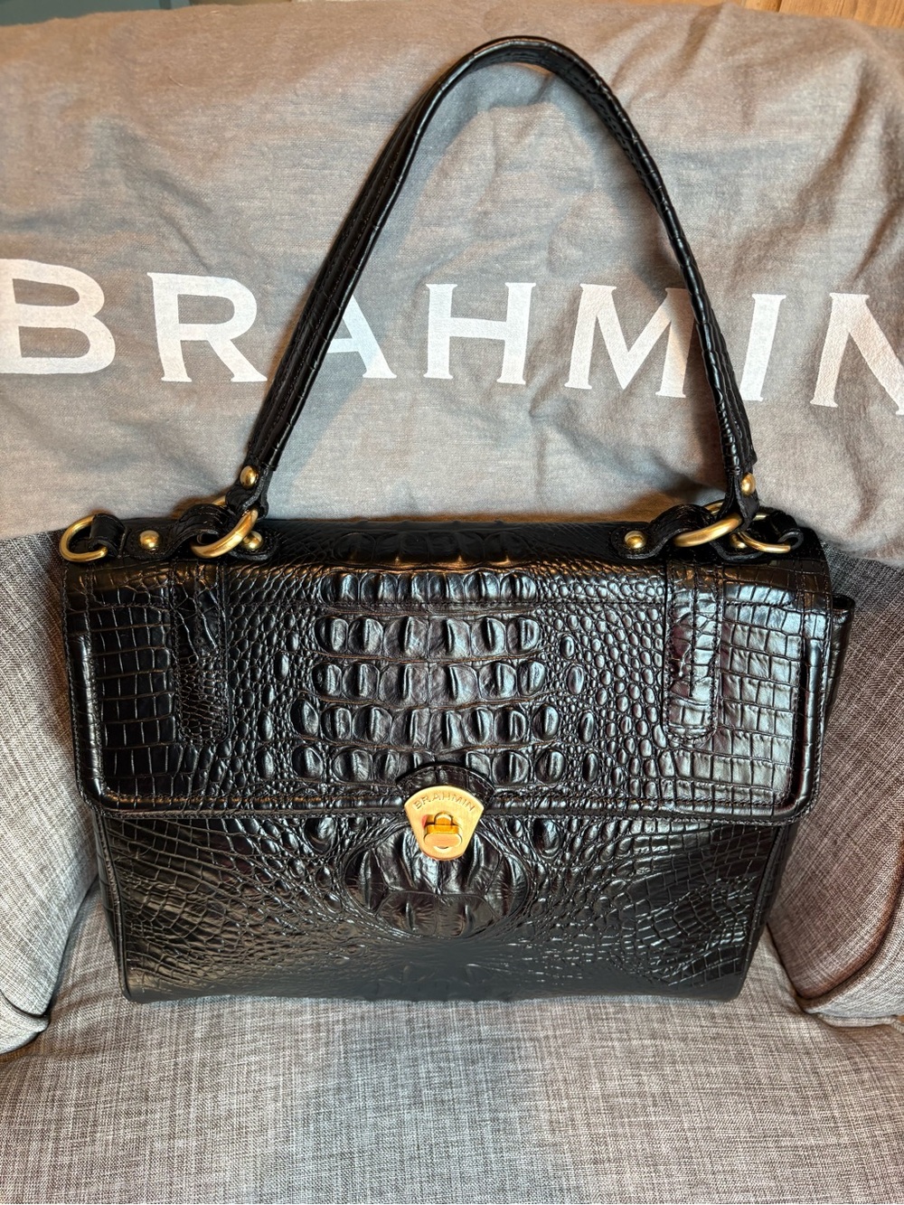 Brahmin Black Croc-Embossed Shoulder Satchel with Gold Hardware